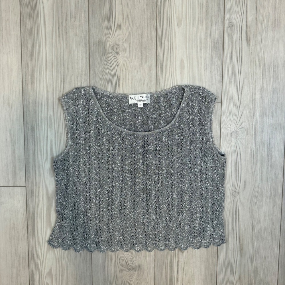 St John Collection Marie Gray Silver Metallic Knit Shell Top Scallop Hem L